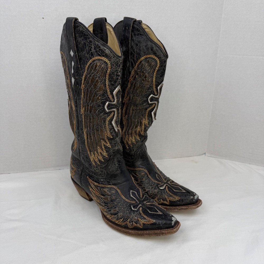 Corral Womens Wing and Cross Inlay Cowboy Boots Black Distressed A1967 Size 7.5